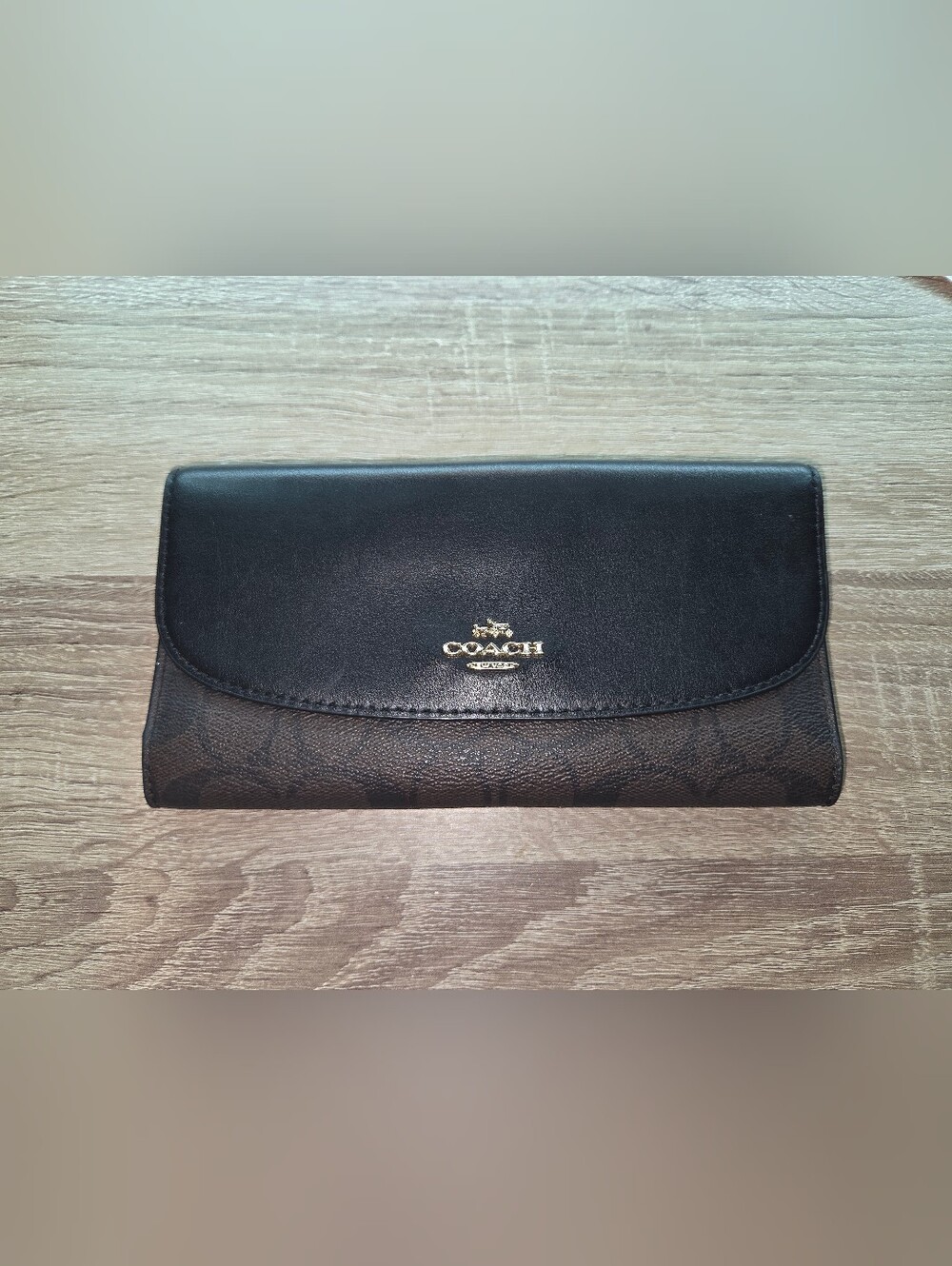 Coach Black Leather and Brown Signature Wallet Clutch